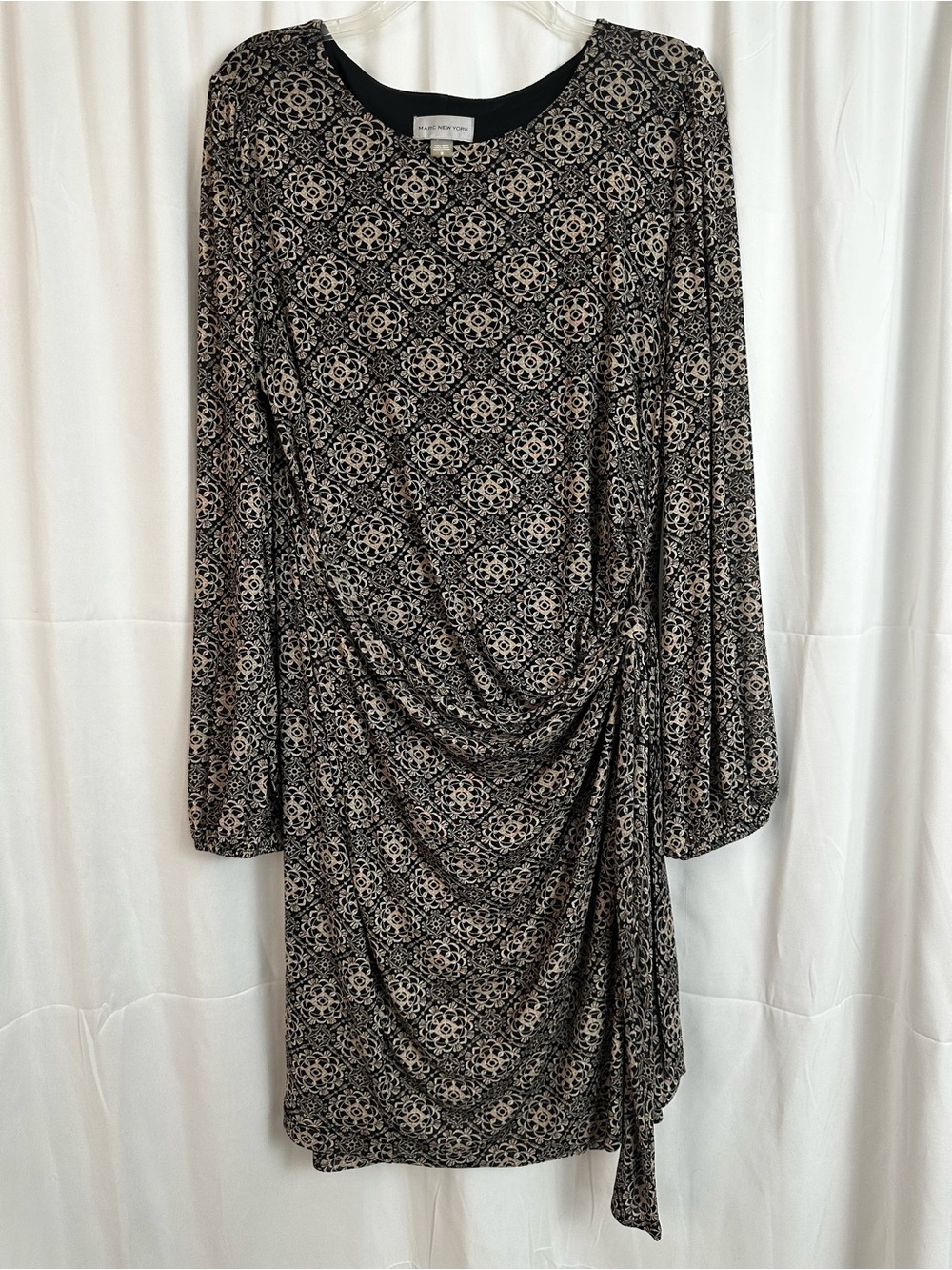 Mark New York Long-Sleeve Black & Beige Printed Draped Side-Tie Faux wrap Dress